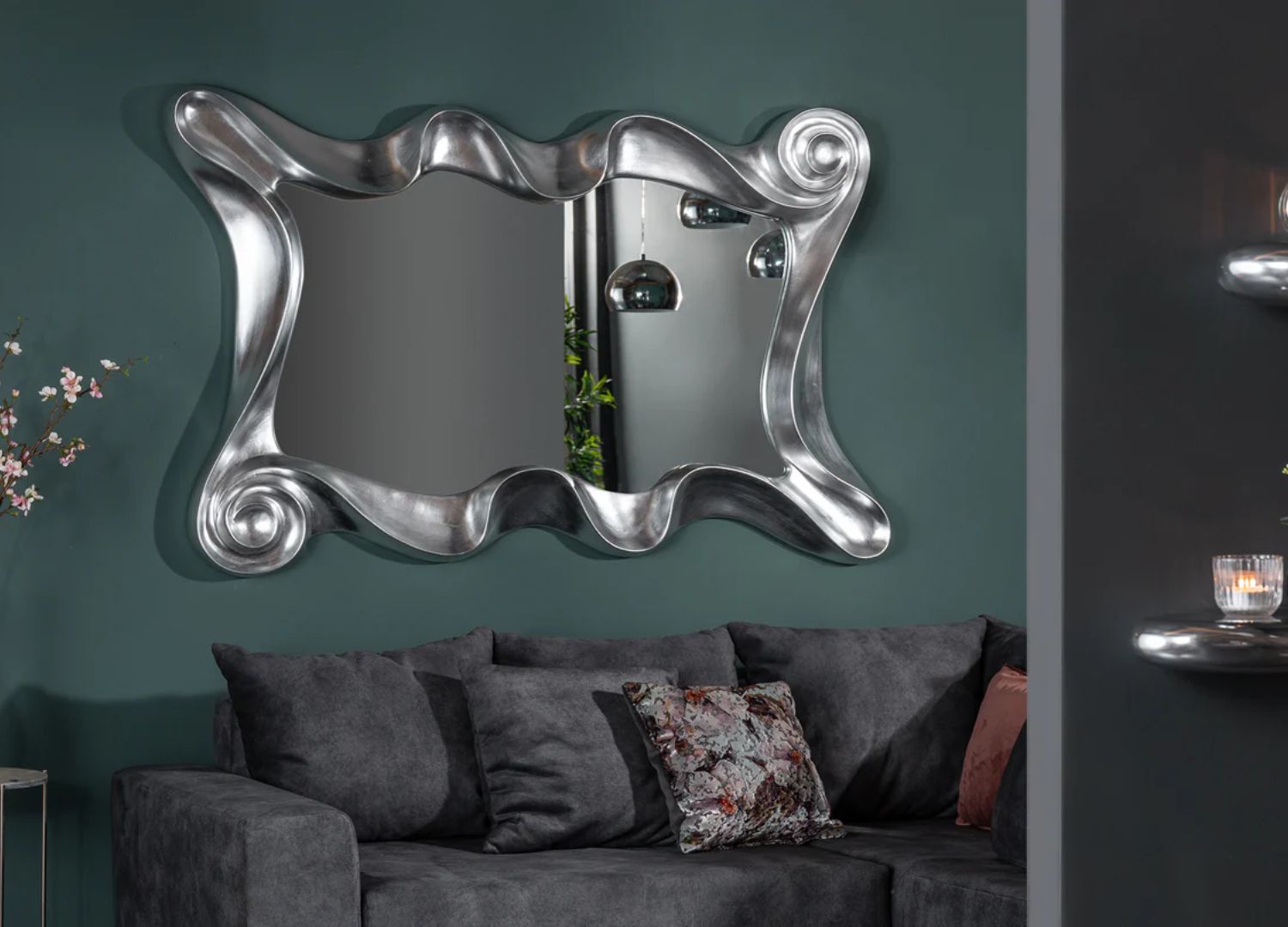 Miroir mural décoratif baroque argent et verre miroir
