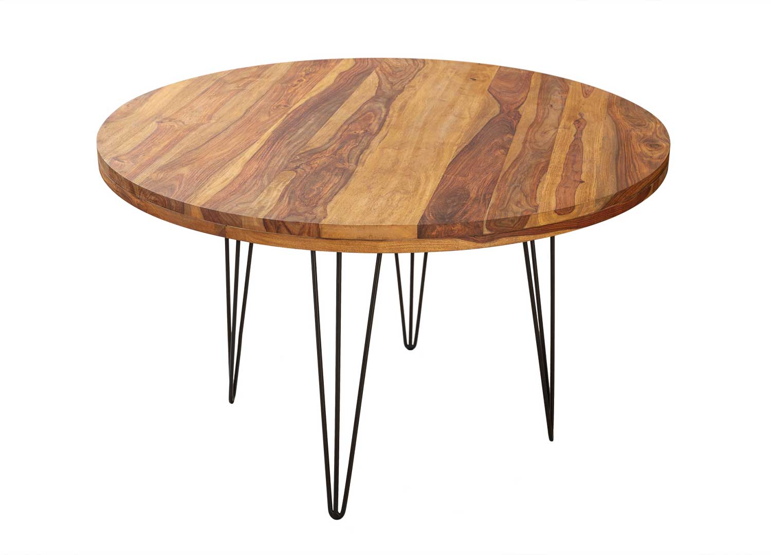 Table à manger ronde moderne en sesham et pieds métal noir