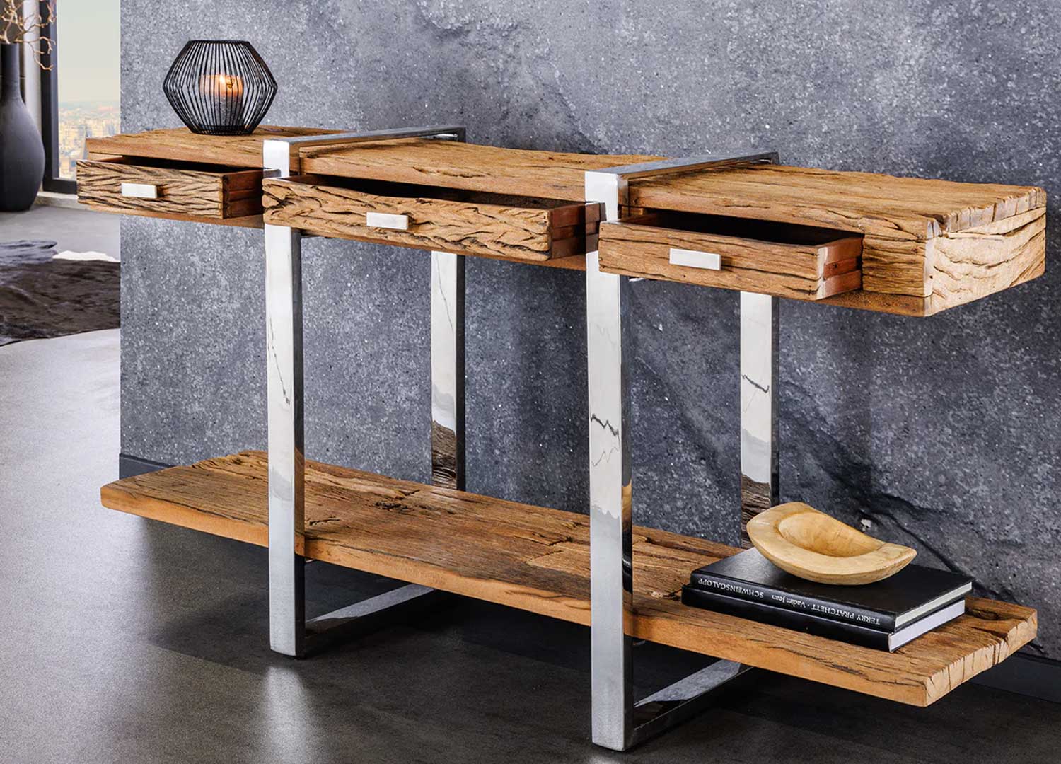 Console 140 cm bois rustique 3 tiroirs pied chromé