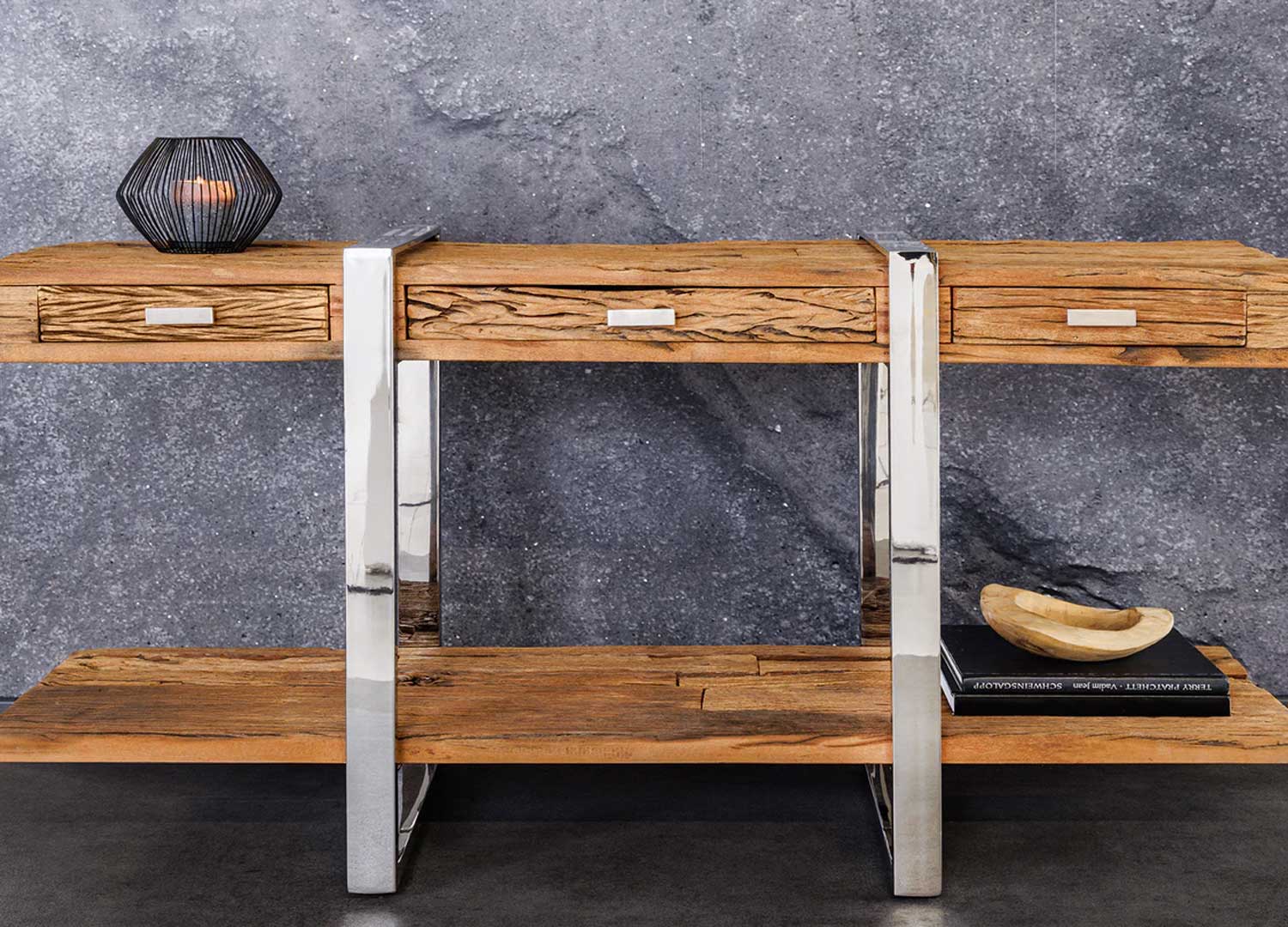 Console 140 cm bois rustique 3 tiroirs pied chromé