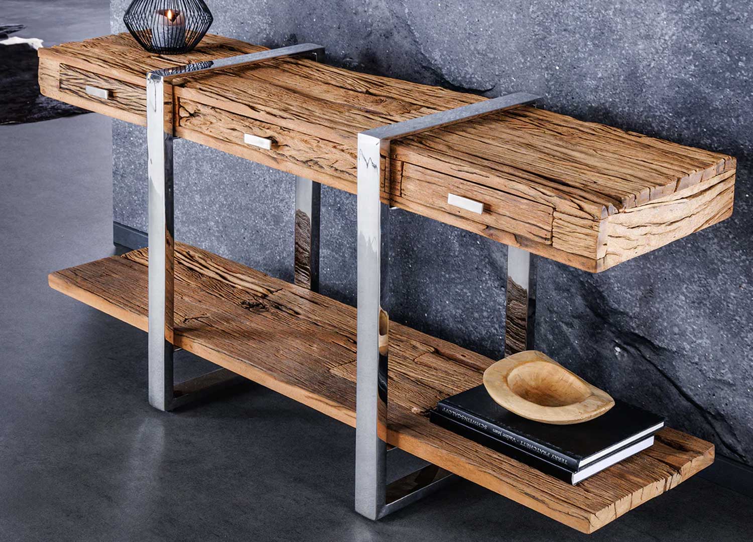 Console 140 cm bois rustique 3 tiroirs pied chromé