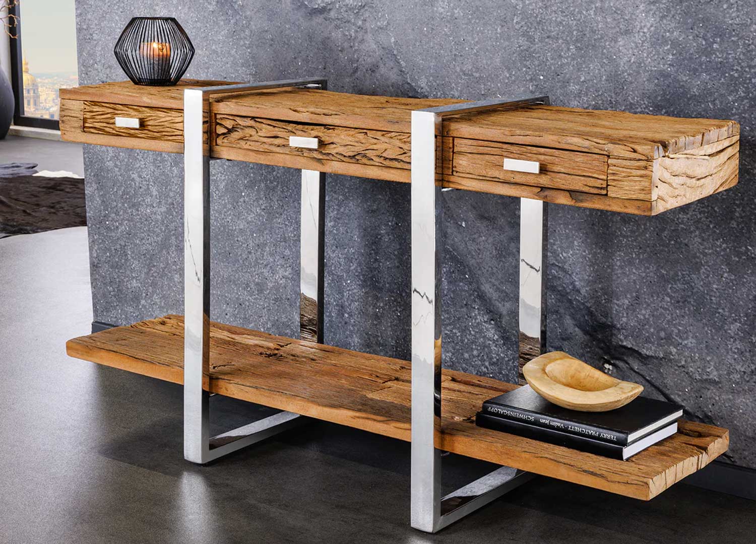 Console 140 cm bois rustique 3 tiroirs pied chromé