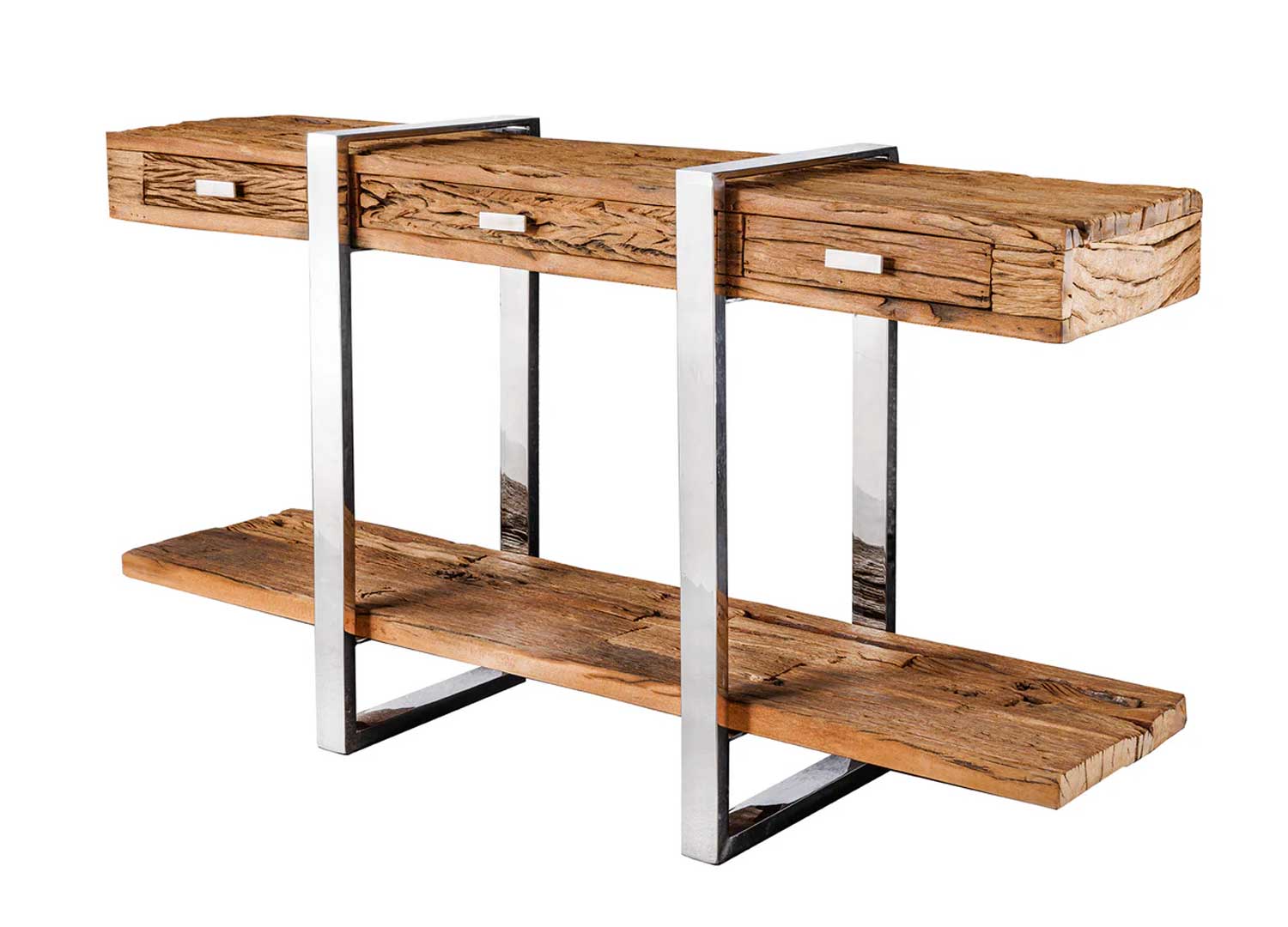 Console 140 cm bois rustique 3 tiroirs pied chromé