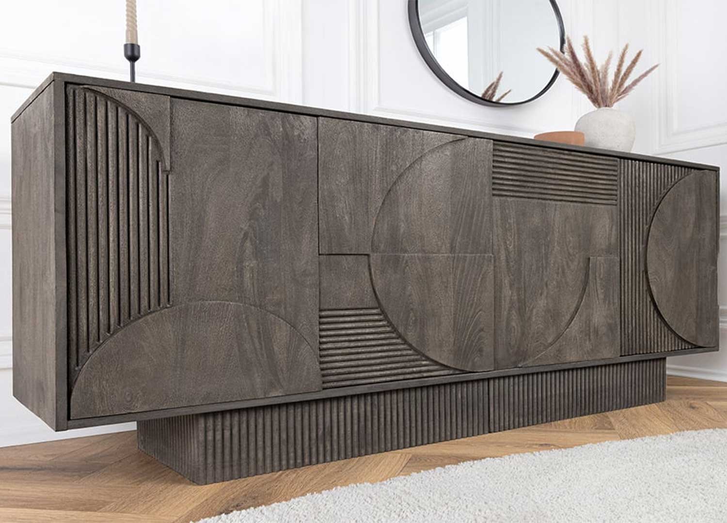 buffet design en bois massif grise 170 cm 4 portes