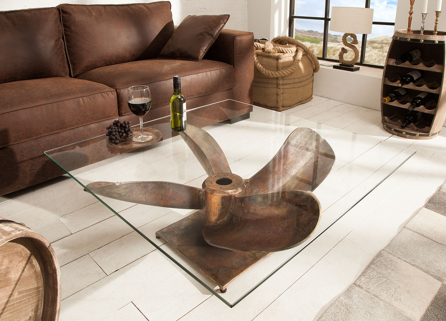 Table basse hélice cuivré plateau carré 85 cm