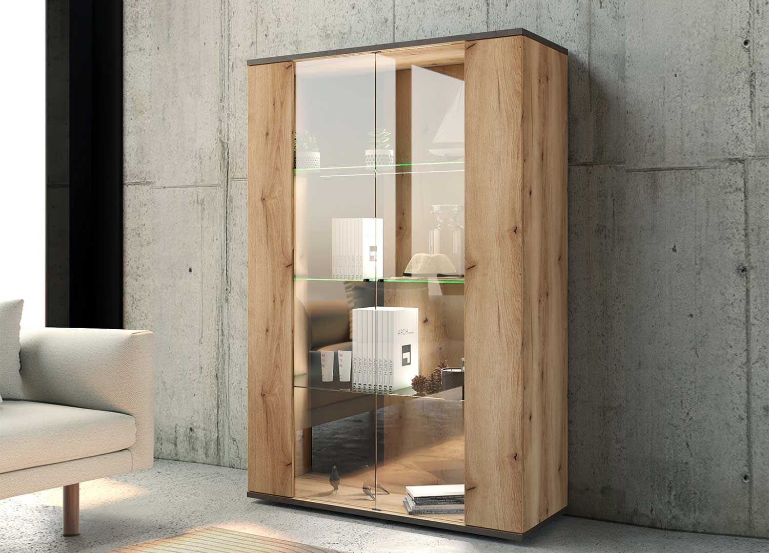 Meuble vitrine 2 portes verre trempé LED chêne et antrhacite